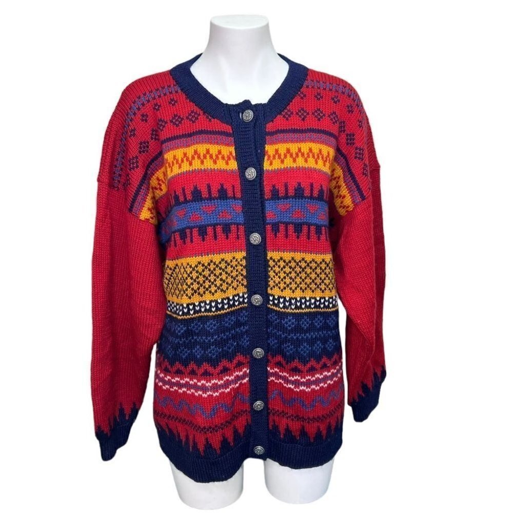 Vintage Fair Isle Knit Cardigan Red Multi Color Geometric Chunky Sweater